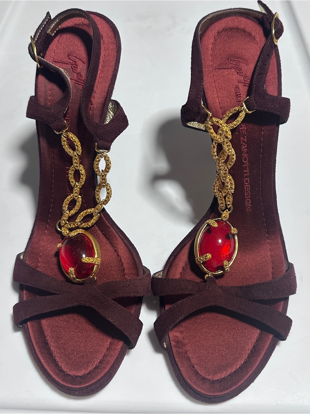 Giuseppe Zanotti Burgundy Suede Sandals with Gold Chain & Red Gem Accents